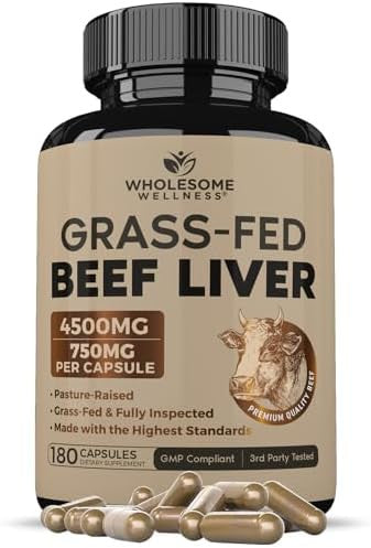 Wholesome Wellness Grass Fed Desiccated Beef Liver Capsules (180 Pills, 750Mg Each) - Natural Iron, Vitamin A, B12 For Energy - Raised Undefatted In Zealand Without Hormones Or Chemicals