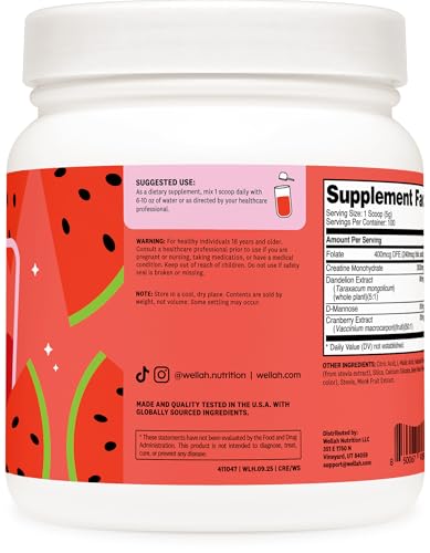 Wellah Creatine For Women (100 Servings Watermelon Slush) - Creatine Monohydrate With Dandelion & Cranberry Extract