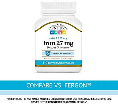 21St Century Iron 27 Mg Ferrous Gluconate Tablets 110Count