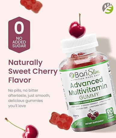 Barislim Advanced Bariatric Multivitamin Gummies - Specially Formulated Bariatric Vitamins For Patients After Weight Loss Surgery - Supports Energy & Immune Health Cherry (90 Vegan Gummies)