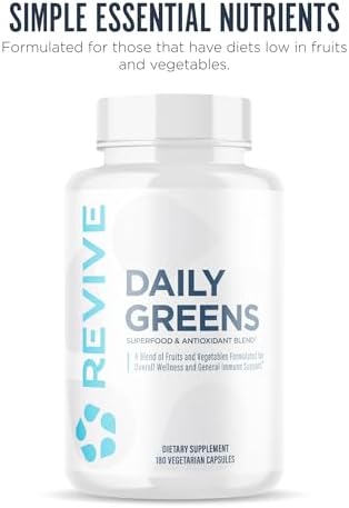 Revive Md Daily Greens Supplement For Men & Women - Superfood & Antioxidant Blend With Digestive Enzymes Prebiotics & Probiotics For Immune Support Digestive & Gut Health - 180 Capsules