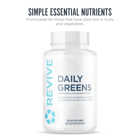 Revive Md Daily Greens Supplement For Men & Women - Superfood & Antioxidant Blend W/Digestive Enzymes Prebiotics & Probiotics For Immune Support Digestive & Gut Health - 180 Capsules (60 Servings)