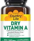 Country Life Vitamin A 10000 IU Immune Support Skin and Eye Health Supplement Certified GlutenFree Vegan Halal Kosher 50% BetaCarotene and 50% Retinyl Palmitate Easy Absorption 100 Tablets