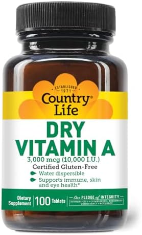 Country Life Vitamin A 10000 IU Immune Support Skin and Eye Health Supplement Certified GlutenFree Vegan Halal Kosher 50% BetaCarotene and 50% Retinyl Palmitate Easy Absorption 100 Tablets