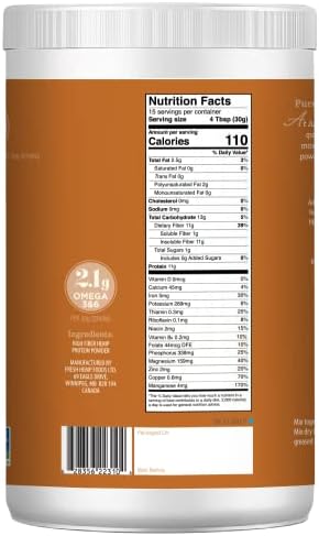 Just Hemp Foods Hemp Protein Powder Plus Fiber, Non-GMO Verified with 11g of Protein & 11g of Fiber per Serving, 16 oz - Packaging May Vary | 11 g of Protein and 11 g of Fiber per 30 g Serving, Non-GMO Verified, Packaging May Vary