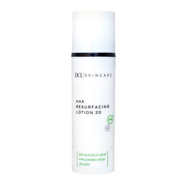 DCL Skincare AHA Resurfacing Lotion 20, 20% Glycolic Acid exfoliates while hydrating, reducing fine lines with Hyaluronic Acid, Vitamin E, Shea Butter, Jojoba, Green Tea 1.7 Fl oz