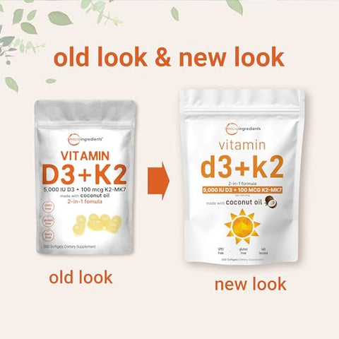 Micro Ingredients Vitamin D3 5000 Iu K2 Mk-7 100 Mcg 300 Softgels Virgin Coconut Oil 2-In-1 Support Easy To Swallow Non-Gmo