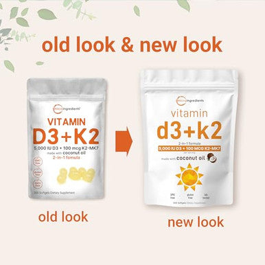 Micro Ingredients Vitamin D3 5000 Iu K2 Mk-7 100 Mcg 300 Softgels Virgin Coconut Oil 2-In-1 Support Easy To Swallow Non-Gmo