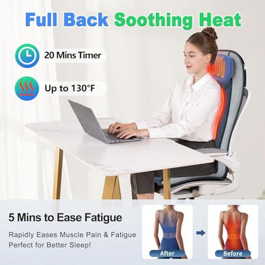 Comrelax Vibration Back Massager For Chair With Heat Massage Seat Cushion With Adjustable Neck Support Pillow & Heating Zones Short Plush Cover Comfortable Pad For Office & Home s For Mom & Dad