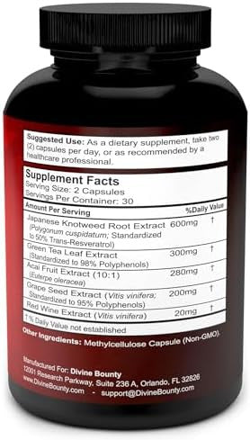 Divine Bounty Resveratrol Supplement - 1400Mg Extra Strength Formula With Grape Seed Extract, Green Tea Extract, Red Wine Extract - 60 Veggie Capsules