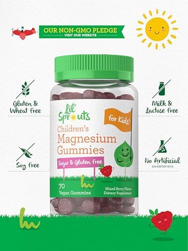 Lil' Sprouts Children's Magnesium Gummies 70 Count Mixed Berry Flavor Sugar Free Vegan NonGMO and Gluten Free