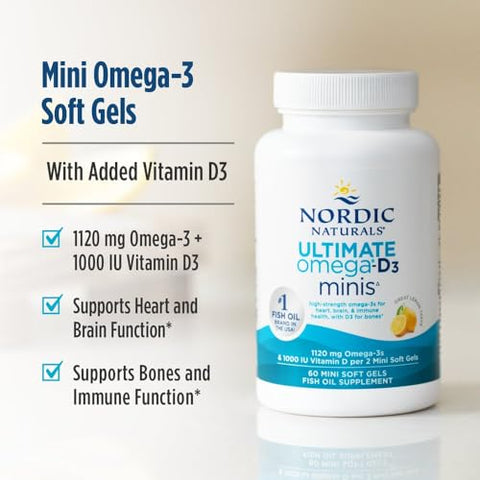 Nordic Naturals Ultimate Omega Mini D3 Lemon Flavor - 60 Mini Soft Gels - 1120 Mg Omega-3 1000 Iu Vitamin D3 - Epa & Dha - Promotes Brain & Heart Health 30 Servings