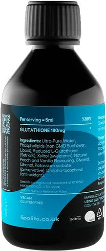 LLG3 liposomal Glutathione 240ml lipolife. Formulated with Setria Glutathione New Peach Vanilla Flavour.