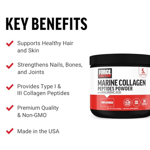 Force Factor Marine Collagen Powder For Women And Men Marine Collagen Peptides Type I & Iii With Hyaluronic Acid To Support Healthy Hair Skin Nails Bones And Joints Unflavored 30 Servings