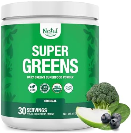Nested Naturals Super Greens Daily Superfood Powder Usda Organic Green Powder W/20+ Whole Foods Spirulina Powder Wheat & Barley Grass Probiotics Fiber & Enzymes Original Flavor 60