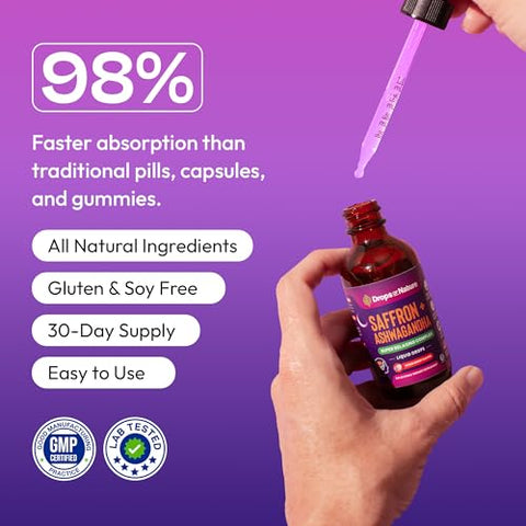 Drops Of Nature Ashwagandha And Saffron Supplement Contains Ksm 66 And Saffron Extract Vegan Gluten-Free Gmo-Free Daily Herbal Ashwagandha Supplement To Support Focus Clarity & Relaxation (Mixed Berry 60Ml)