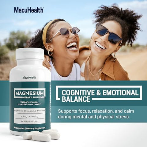MacuHealth Magnesium Glycinate and LThreonate 145mg 90 Capsules Highly Absorbable Magnesium for Energy Calm and Focus Gentle on Stomach Vegan NonGMO Premium Chelated Magnesium Supplement