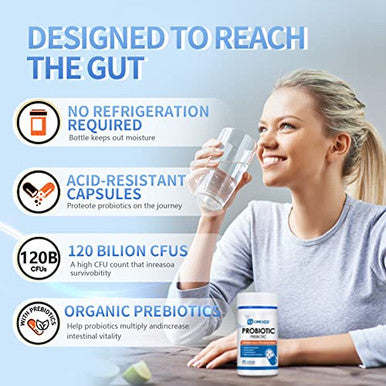 OMOGS Probiotics 120 Billion CFUs 18 Strains 3 Prebiotics and Digestive Enzymes Helps Digestive Gut Health Immune Supports Occasional Constipation Diarrhea and Gas for Women and Men 60 Capsules