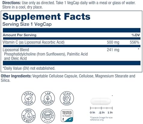 SOLARAY Liposomal Vitamin C 500mg Enhanced Absorption Vitamin C Liposomal Blend with Fatty Acids Antioxidant and Immune Support Supplement Vegan 60Day 100 Servings 100 VegCaps