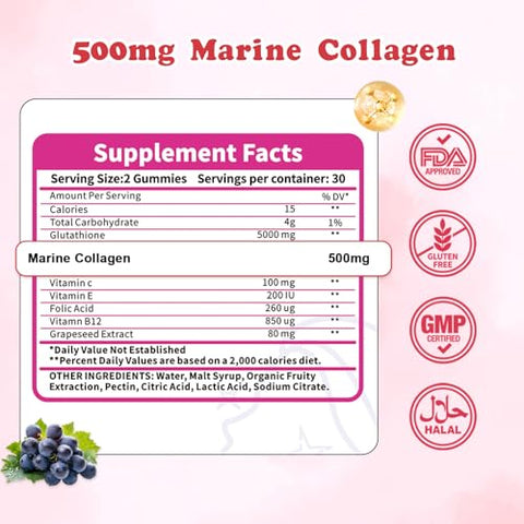 Ojoijio Glutathione 5000Mg Gummies With Marine Collagen - Skin Brightening & Anti-Aging Supplement Supports Wrinkle & Dark Spot Reduction - Halal Gmp Certified 60 Chewables