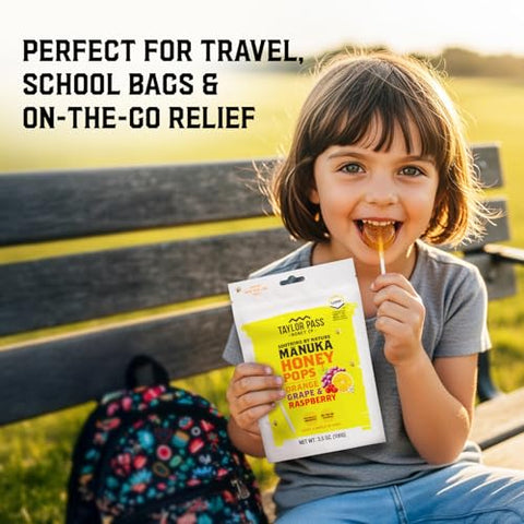 Taylor Pass Honey Co MÃ„Ânuka Honey Pops UMFÃ¢â€žÂ¢ 10+ | Manuka On-the-Go Lollipops for Kids & Adults | Sore Throat & Immune Support | 13 Individually Wrapped | Orange, Grape, Raspberry | Made in New Zealand