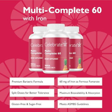 Celebrate Vitamins Multi-Complete Chewables, 60Mg Iron ÃƒÂ¢Ã¢â€šÂ¬Ã¢â‚¬Å“ Daily Bariatric Multivitamin For Sleeve Gastrectomy & Gastric Bypass Surgery Patients ÃƒÂ¢Ã¢â€šÂ¬Ã¢â‚¬Å“ Essential Vitamins & Minerals - Tropical (180 Tablets)