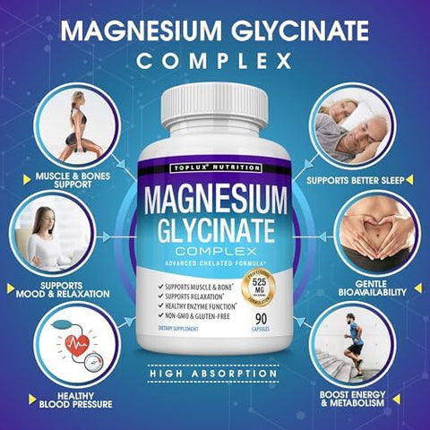 Toplux Magnesium Glycinate 525Mg High Absorption Chelated Magnesium Supplement Made With Pure Magnesium Glycinate Supports Muscles Sleep Cramps Recovery Bisglycinate Complex Vegan Nongmo 90 Capsules