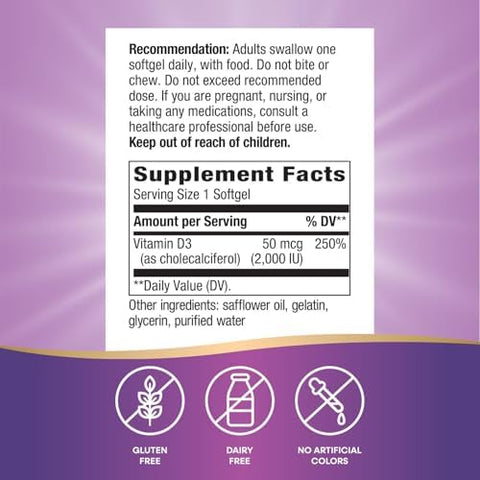 NatureS Way Vitamin D3 Extra Strength(1) Supports Bone Health And Immune Function 2000 Iu (50 Mcg Per Serving) 240 Softgels (Packaging May Vary)