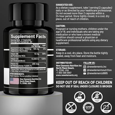Elements Vitamin D3 K2 With Magnesium Glycinate & Vitamin B6 Magnesium 1500Mg D3 10000 Iu K2 (Mk7) 200Mcg Vitamin B6 10Mg Maximum Absorption Immunity Heart & Nerve Support Vegan Non-Gmo
