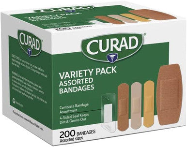 Curad Assorted Adhesive Bandages 4-Sided Seal Variety Pack 200 Count (Pack of 1)