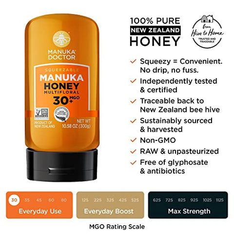 MANUKA DOCTOR -UMF8/ MGO 182+ Monofloral SQUEEZY and MGO 30+ Multifloral SQUEEZY Manuka Honey Value Bundle, 100% Pure New Zealand Honey. Certified. Guaranteed. RAW. Non-GMO