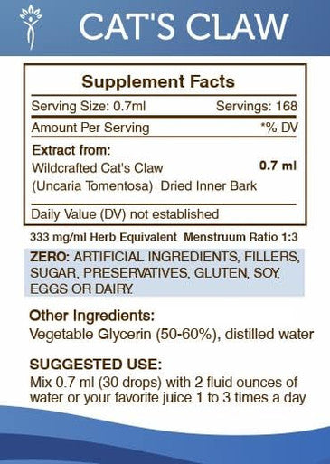 Secrets of the Tribe Cat's Claw Tincture Alcohol-Free Liquid Extract, Wildcrafted Cat's Claw (Uncaria Tomentosa) Dried Inner Bark (4 FL OZ)