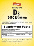 Sundance Vitamin D3 5000 IU 60 Quick Release Softgels High Potency Essential Vitamin Supplement NonGMO and Gluten Free Supplement