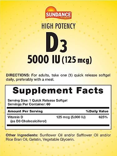 Sundance Vitamin D3 5000 IU 60 Quick Release Softgels High Potency Essential Vitamin Supplement NonGMO and Gluten Free Supplement