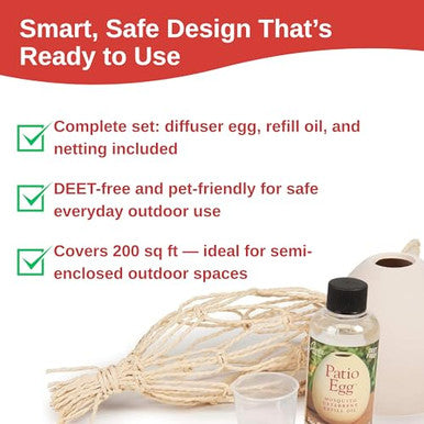Skeeter Screen Patio Egg Diffuser Decorative Essential Oil Set With 3-Month Supply No Flame Or Power Includes Beaker & Netting Patios Garages Stables Covers Up To 300 Sq Ft