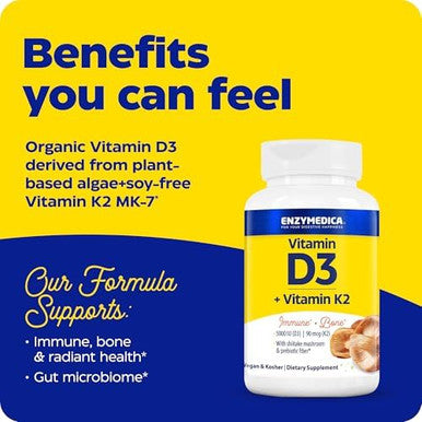 Enzymedica Organic Vitamin D3+K2 5000 Iu Vit D3 & 90 Mcg Vit K2 Mk7 With Shitake Mushrooms & Prebiotic Fiber Vegan 60 Count
