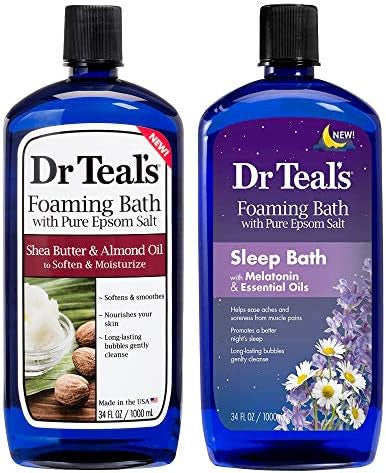 Dr. Teals Foaming Bath Variety Set (2 Pack34Oz Ea) Shea Butter & Almond OilMelatonin Sleep Bath - Essential Oils Blended With Pure Epsom Salt Eases Achy Muscles & Relieves Stress