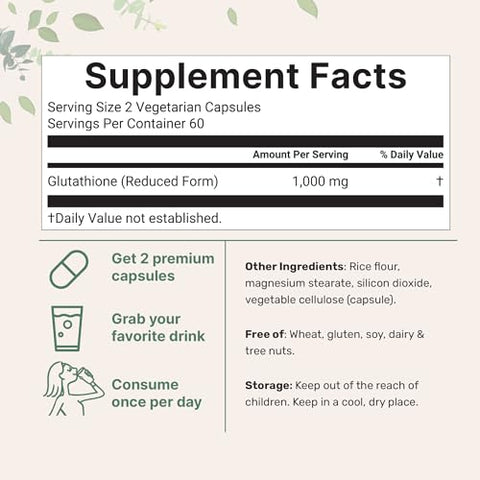 Micro Ingredients Glutathione 1000Mg 120 Veggie Capsules Extra Strength Reduced Glutathione Active Antioxidant Form Liver Health & Immune Support Supplement Non-Gmo Gluten Free Vegan