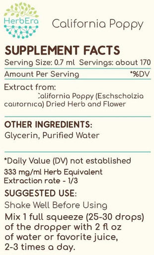 California Poppy B120 Alcohol-Free Herbal Extract Tincture, Concentrated Liquid Drops Natural California Poppy (Eschscholzia Californica) Dried Herb and Flower 4 fl oz