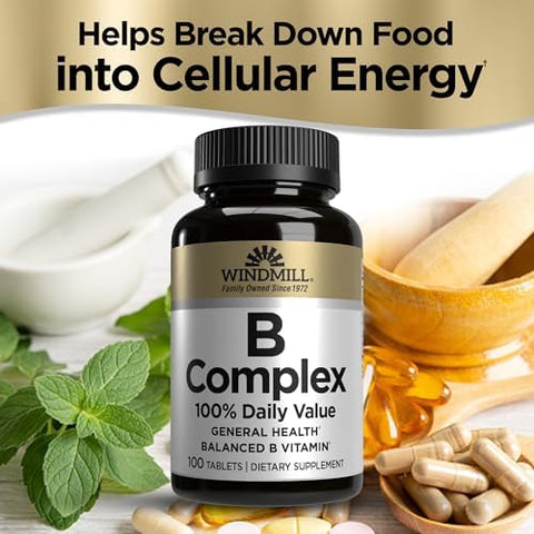 Windmill Natural Vitamins B Complex (100% Daily Value) Boost Energy Production and Promote Metabolism 100 Tablets 100 Servings