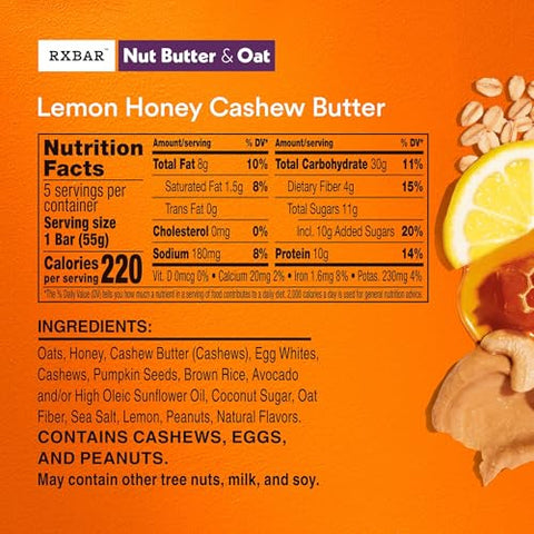 RXBAR Nut Butter and Oat Protein Bars, Protein Snacks, Snack Bars, Lemon Honey Cashew Butter, 9.7oz Box (5 Count)