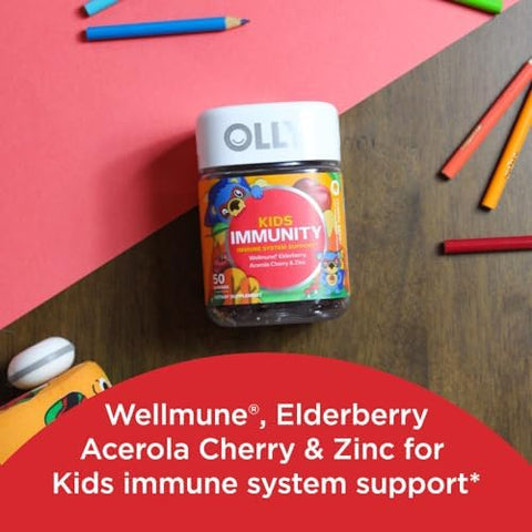 Olly Kids Immunity Gummy Immune Support Wellmune Elderberry Vitamin C Zinc Chewable Supplement Cherry 50 Count and Gummy Active Immunity+Elderberry 45 Gummies (1 Pack) Berry Flavor