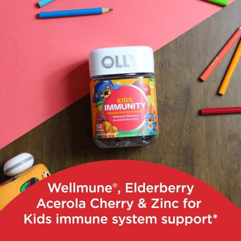 Olly Kids Immunity Gummy Immune Support Wellmune Elderberry Vitamin C Zinc Chewable Supplement Cherry - 50 Count & Gummy Active Immunity Elderberry 45 Gummies (1 Pack) Berry Flavor