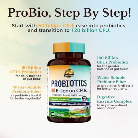 Vitalitown Probiotic Bundle (Pack Of 2) Probiotics 60 Billion Cfus (Item 1) & Probiotics 120 Billion Cfus (Item 2) Shelf Stable Digestive & Immune Health 30 Day Supply Each