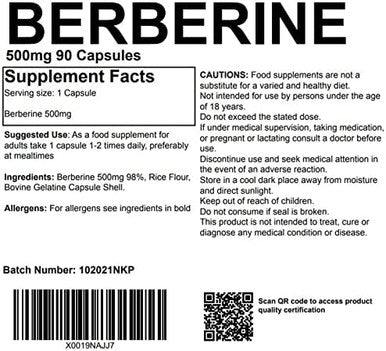 Berberine 98% 500mg 90 Capsules UK Made. Pharmaceutical Grade High Strength Supplement Metabolism Blood Sugar