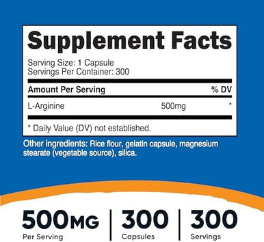 Nutricost L-Arginine 500Mg, 300 Capsules - Gluten And Non-Gmo