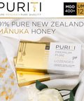 PURITI Premium Manuka Honey Lozenges High Potency - Sugar Free Drops | Genuine New Zealand Raw Manuka Honey Soothers for Coughs & Sore Throats | UMF Certified MGO 400+ UMF12+ (16 Pack)