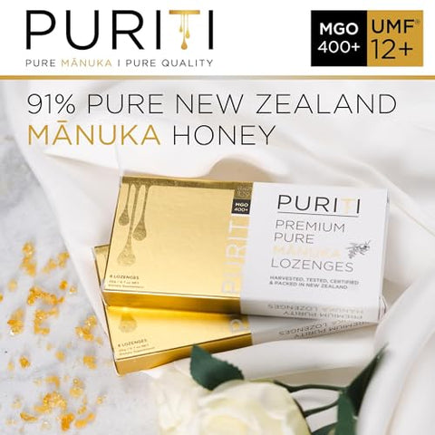 PURITI Premium Manuka Honey Lozenges High Potency - Sugar Free Drops | Genuine New Zealand Raw Manuka Honey Soothers for Coughs & Sore Throats | UMF Certified MGO 400+ UMF12+ (16 Pack)