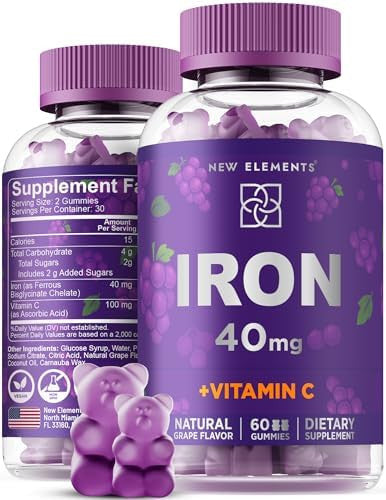 Elements Iron Gummies 40Mg With Vitamin C 100Mg - Best Iron Supplement For Women, Men & Adults - Blood Builder For Anemia - Immune Support & Energy Booster Fruit Pectin Vegan Non-Gmo