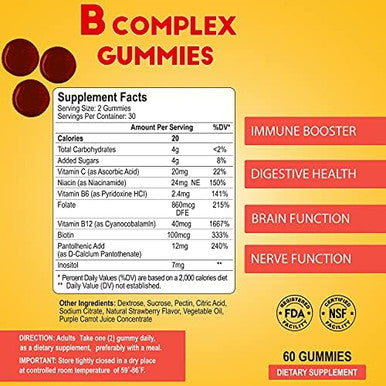 Alfa Vitamins Vitamin B Complex Gummies With Vitamin B12 B7 As Biotin B6 B3 As Niacin B5 B6 B8 B9 As Folate For Stress Energy Nerve Function And Healthy Immune System 60 Gummies